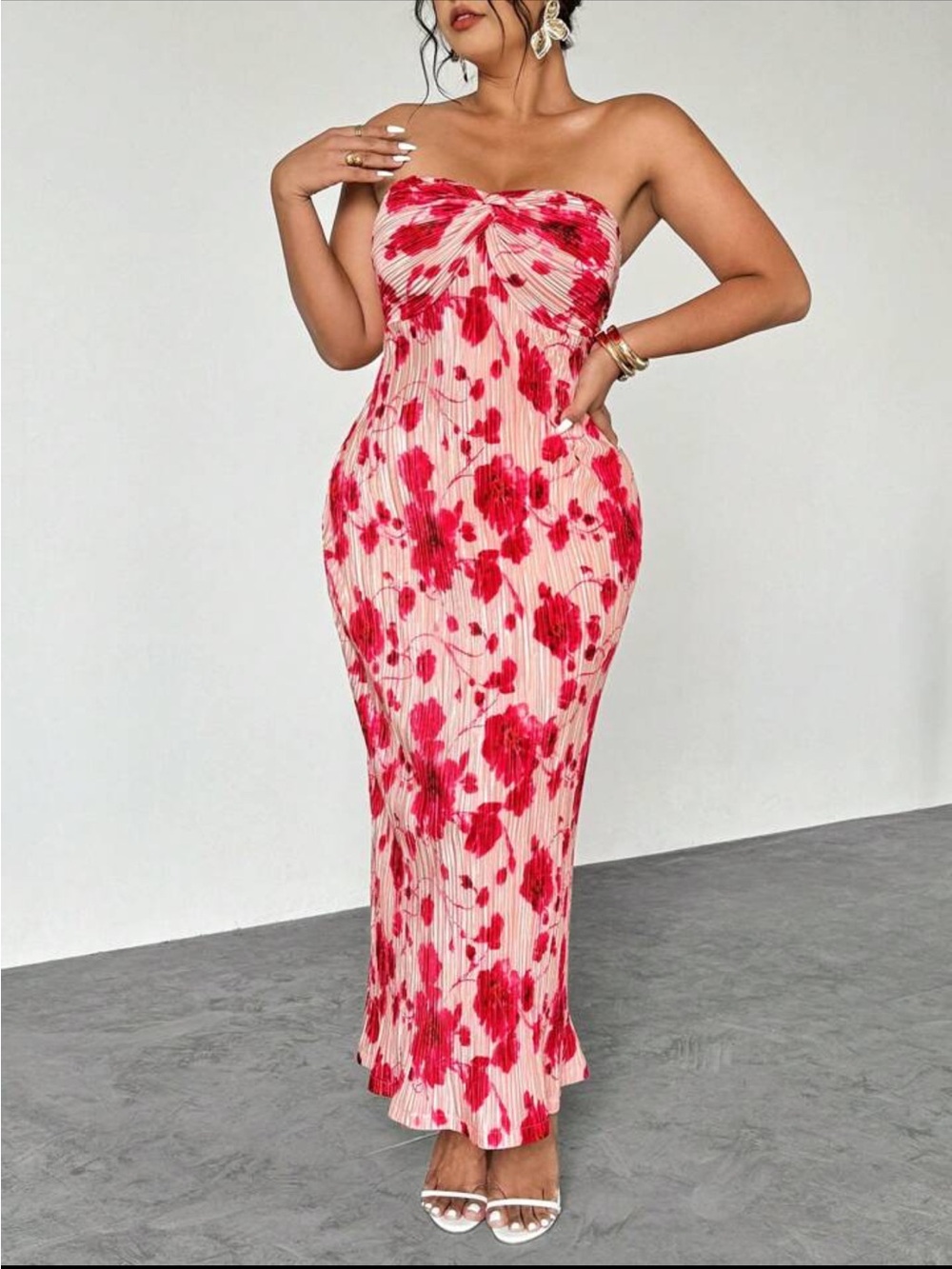 Strapless Red Floral Midi Dress - Elegant Summer Dress